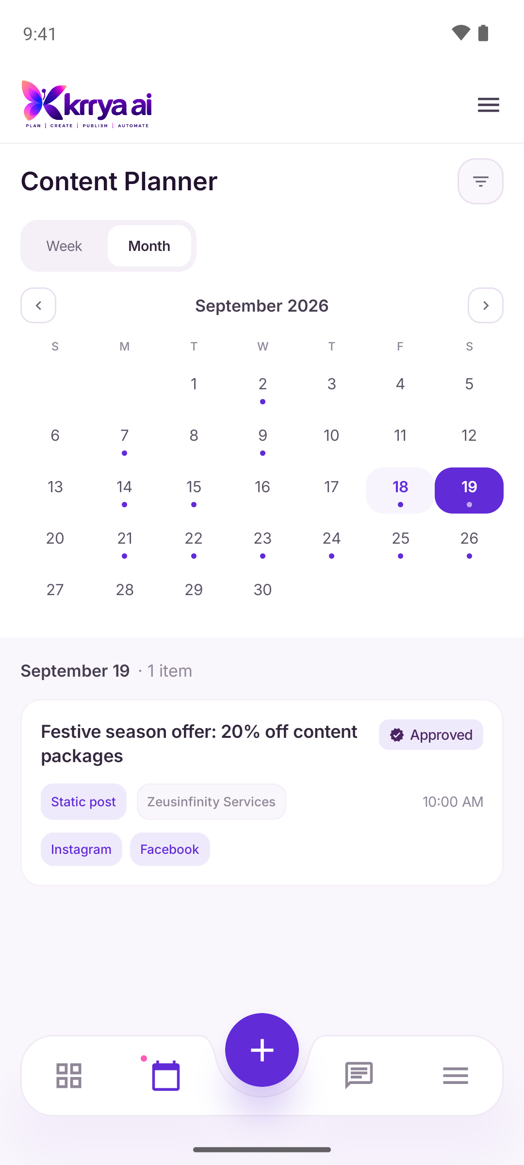 Krrya AI mobile monthly content planner